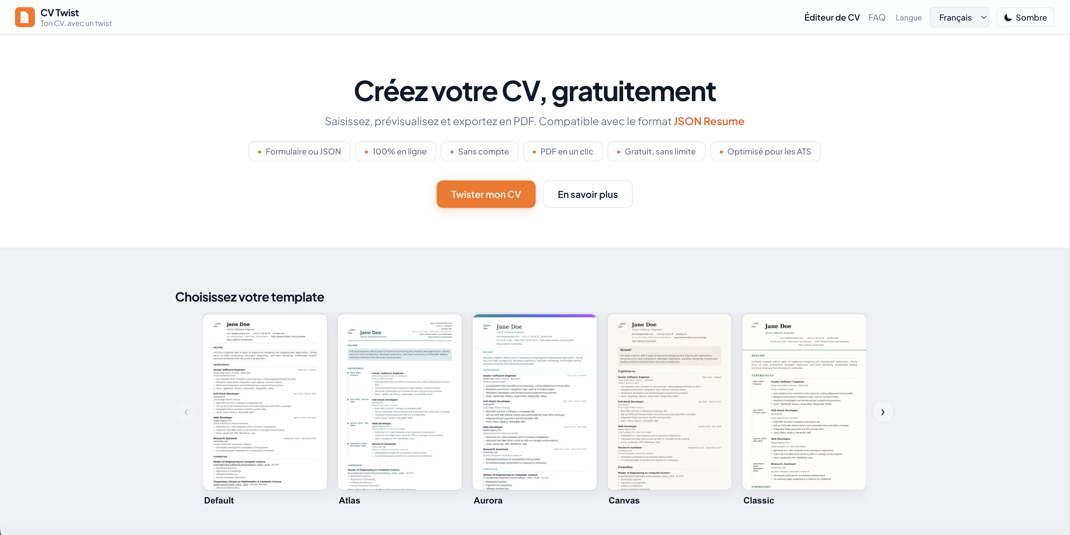 Capture d'écran de l'accueil cvtwist.com